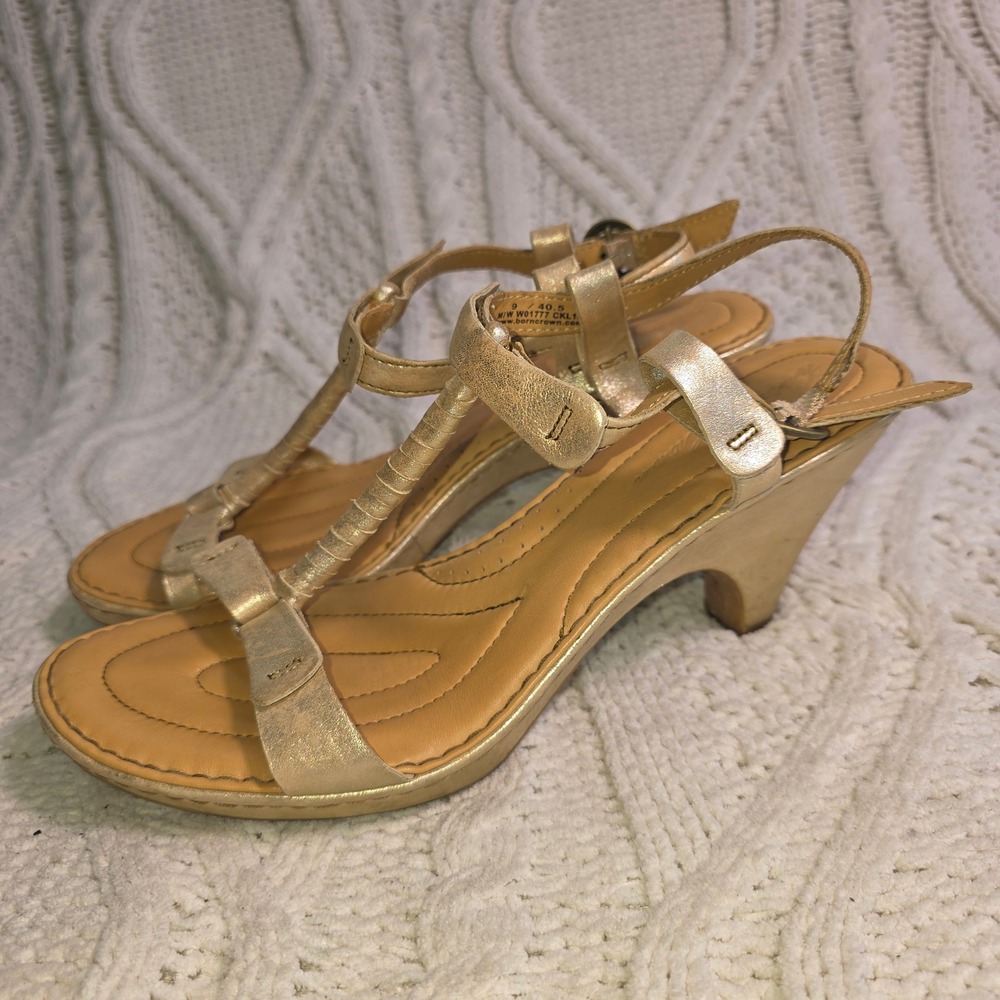 Born Crown‎ T-Strap Woven Gold Metallic Leather Wedge Sandals Womens 9